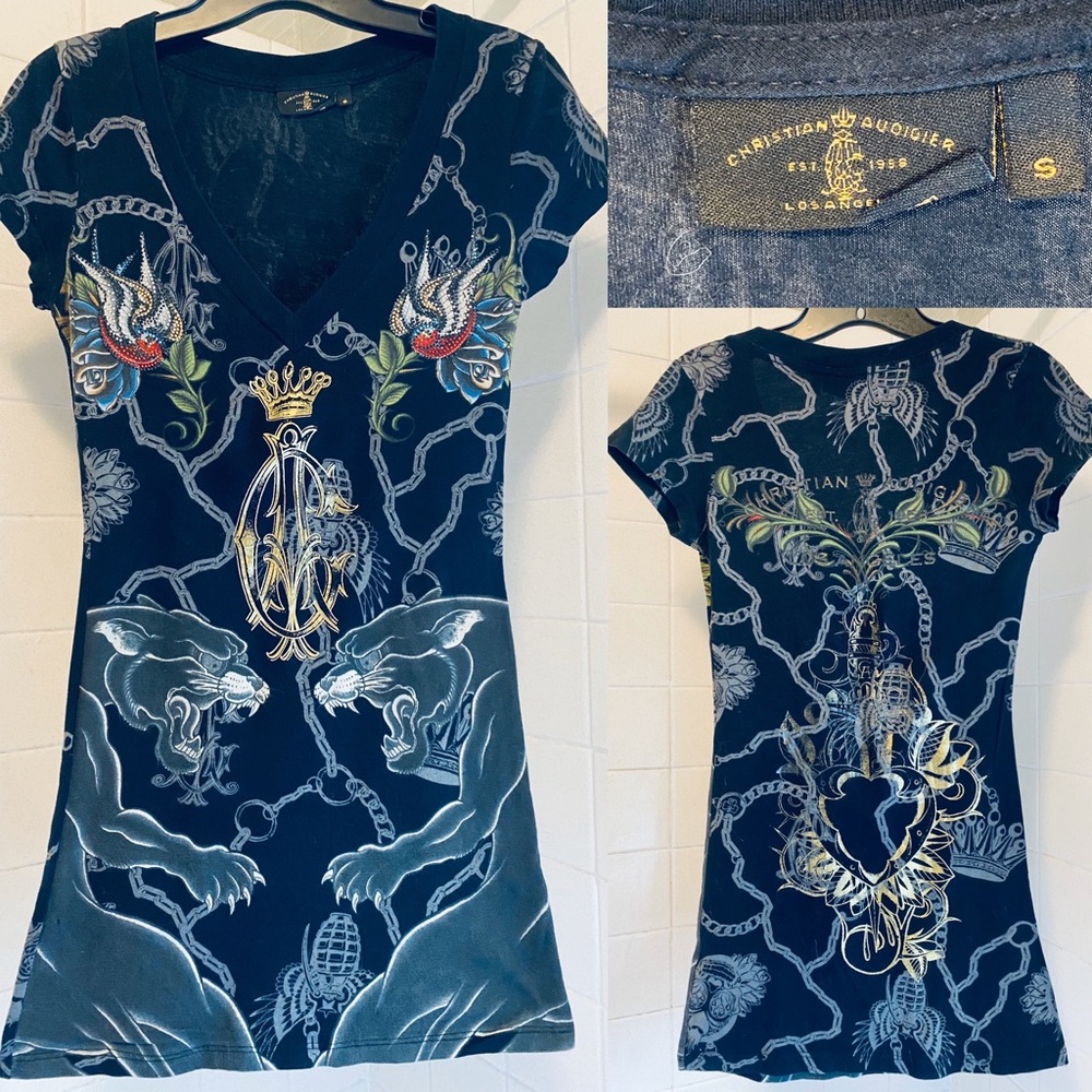Christian Audigier Short Sleeve VNeck T Shirt SzSM